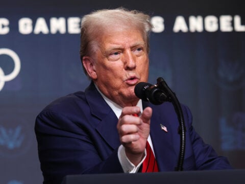 U.S. President Donald Trump speaks to reporters after signing an executive order during a ceremony in the South Court Auditorium in the Eisenhower Executive Office Building on August 5, 2025 in Washington, DC.