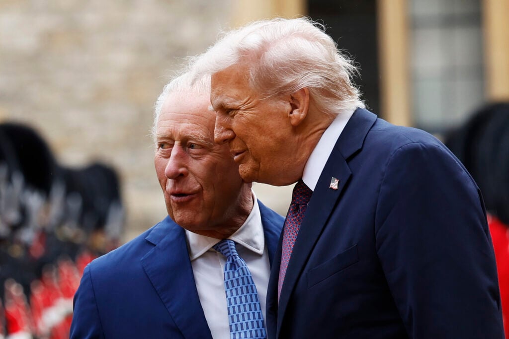 King Charles III and US President Donald Trump inspect the Guard of Honour during the State visit by the President of the United States of America at Windsor Castle on September 17, 2025 in Windsor, England. 