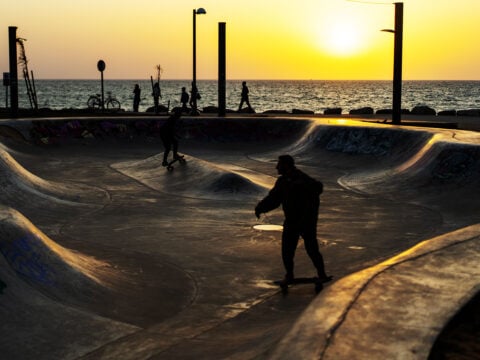 People skateboard at a seafront park on March 11, 2026 in Tel Aviv, Israel. Iran has continued firing waves of drones and missiles at Israel after the United States and Israel launched a joint attack on Iran early on February 28th.