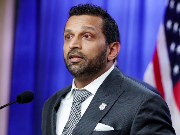 Federal Bureau of Investigation (FBI) Director Kash Patel speaks alongside Acting U.S. Attorney General Todd Blanche during a news conference at the at the Robert F. Kennedy Department of Justice building on April 21, 2026 in Washington, DC.