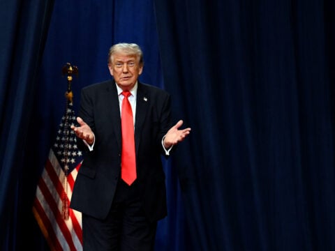U.S. President Donald Trump arrives to speak at The Villages Charter School on May 01, 2026 in The Villages, Florida.