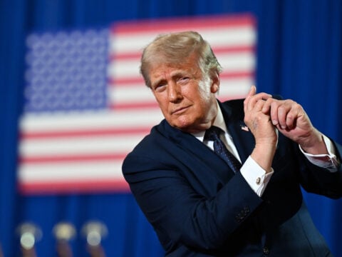 U.S. President Donald Trump dances on stage after delivering remarks during a campaign and economic policy event in the Eugene Levy Fieldhouse at SUNY Rockland Community College on May 22, 2026 in Suffern, New York.
