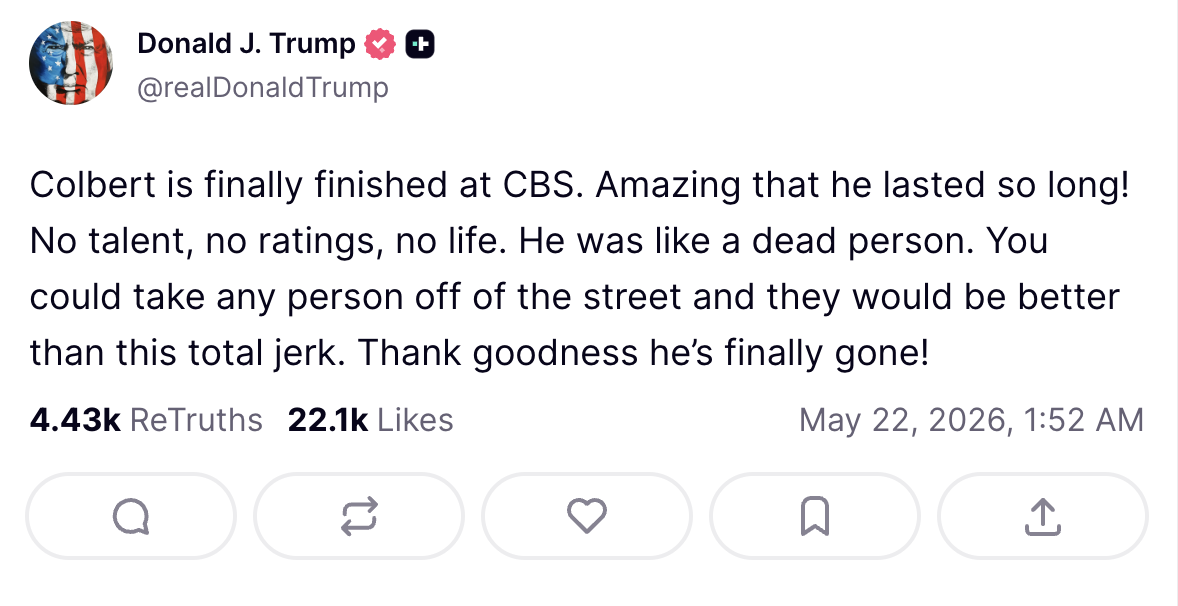 President Trump slammed Stephen Colbert after the late-night host's latest show.