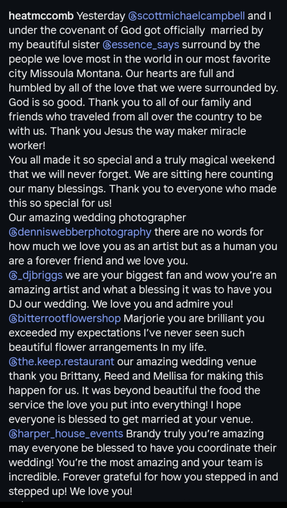 A dark mode Instagram caption from Heather McComb.