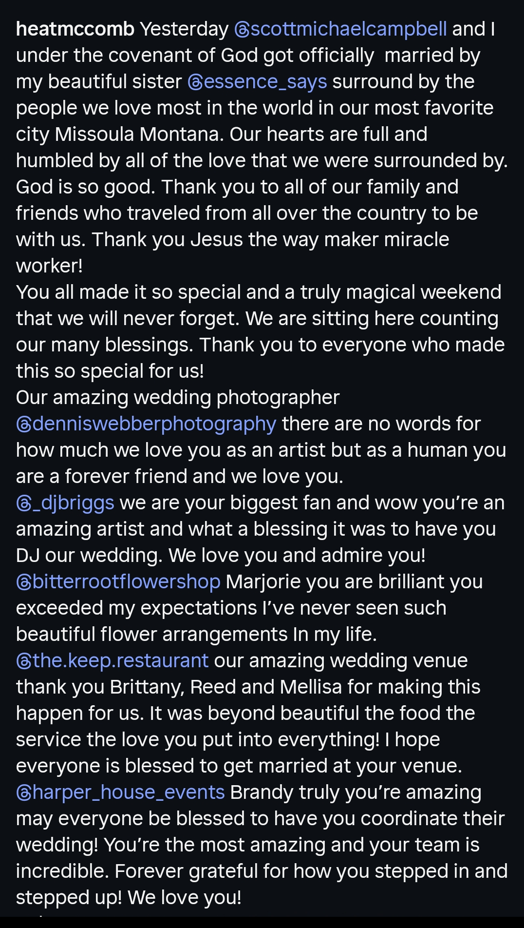 A dark mode Instagram caption from Heather McComb.