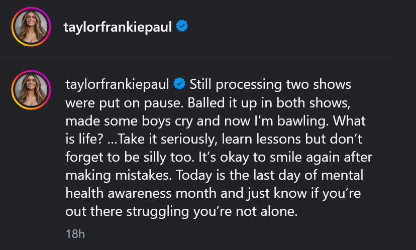 Taylor Frankie Paul's dark mode Instagram caption screenshot.