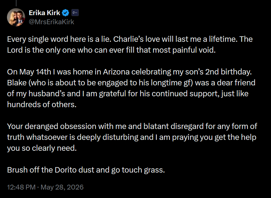 A dark mode Twitter screenshot from Erika Kirk.