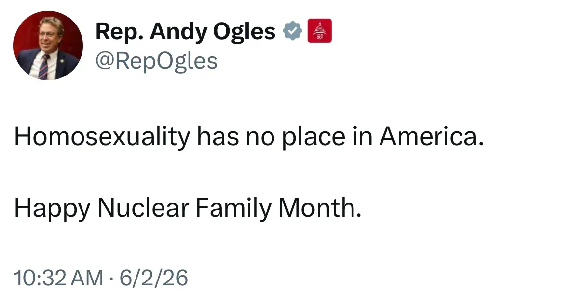 A light mode screenshot of a deleted tweet by Andy Ogles.