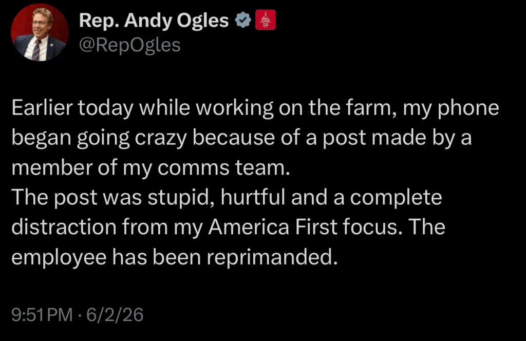 A dark mode screenshot of Andy Ogles' non-apology tweet.