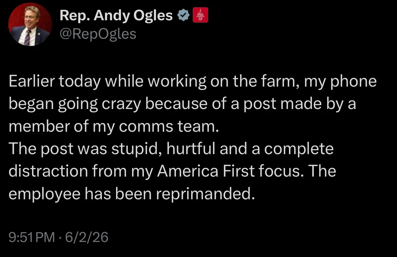 A dark mode screenshot of Andy Ogles' non-apology tweet.