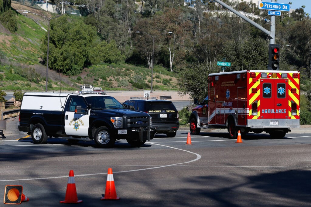 California police vehicles are positioned in San Diego.