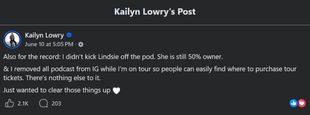 A text post screenshot, in dark mode, from Kailyn Lowry.