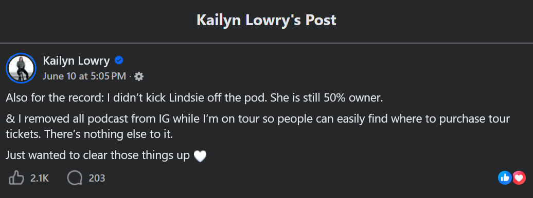 A text post screenshot, in dark mode, from Kailyn Lowry.