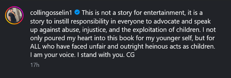 A dark mode Instagram caption by Collin Gosselin.