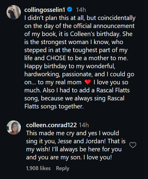 Collin Gosselin gives a shoutout to Colleen Conrad dark mode Instagram caption.