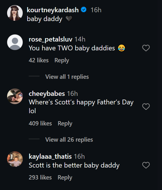 A dark mode Instagram screenshot of Kourtney Kardashian "father of the child" Comments about the father of her second child follow the caption.