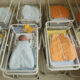 A 4-day-old newborn baby, who has been placed among empty baby beds by the photographer, lies in a baby bed in the maternity ward of a hospital.