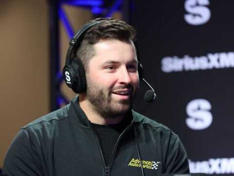 Baker Mayfield speaks SiriusXM at Super Bowl LVIII on February 07, 2024 in Las Vegas, Nevada.