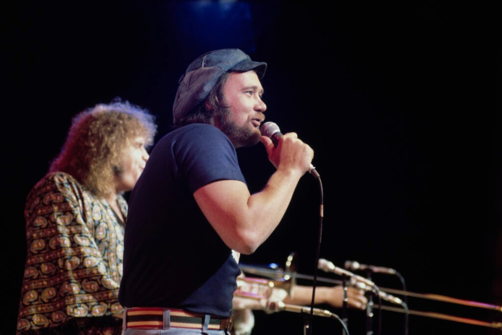 David Clayton-Thomas, lead vocalist with the American rock group 'Blood, Sweat and Tears', on stage during a live concert performance, circa 1974. 