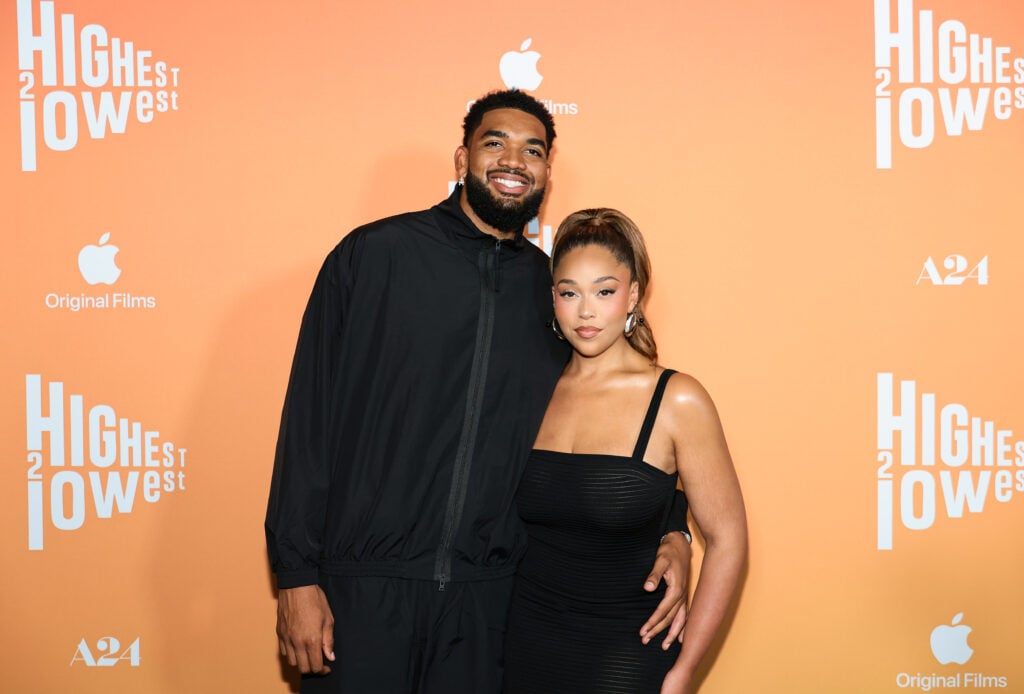 Karl-Anthony Towns and Jordyn Woods attend "Highest 2 Lowest" New York Premiere at the Brooklyn Academy of Music on August 11, 2025 in New York City. 