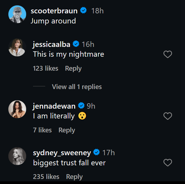 A dark mode screenshot of Scooter Braun's Instagram caption, with replies.