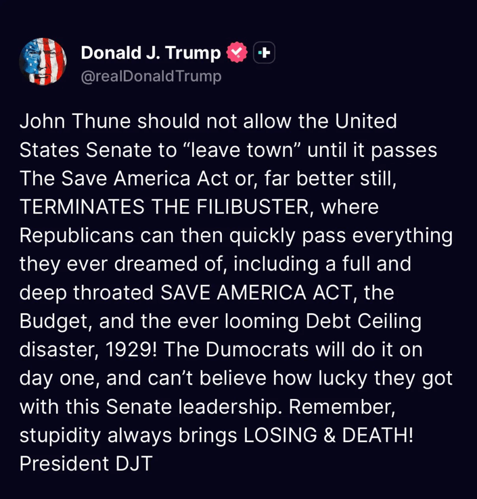 A dark mode screenshot of Trump's truth social page.