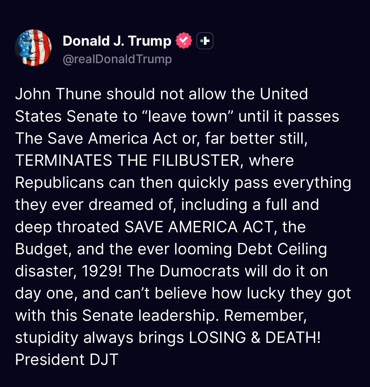 A dark mode screenshot of Trump's truth social page.