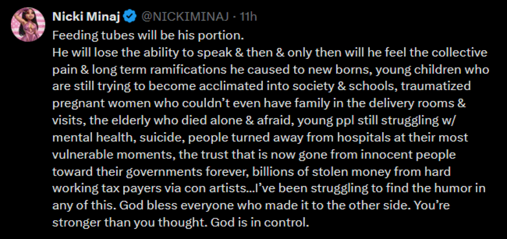 A dark mode tweet sceenshot of Nicki Minaj's rant against Dr. Fauci.