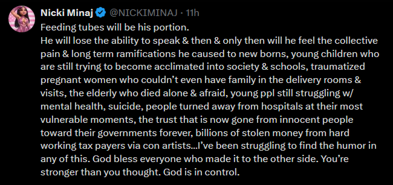A dark mode tweet sceenshot of Nicki Minaj's rant against Dr. Fauci.