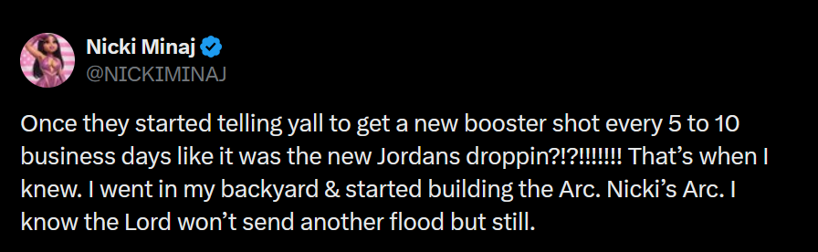 A dark mode tweet screenshot of Nicki Minaj failing to spell Ark correctly she espouses vaccine hesitancy.