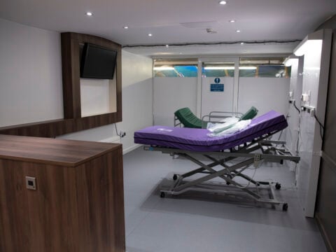 Hospital beds seen within a private box at the new Dragon's Heart Hospital on April 20, 2020 in Cardiff, Wales.