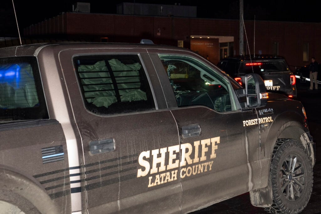 A law enforcement vehicle with obscured windows, believed to be carrying murder suspect Bryan Kohberger, enters the Latah County Courthouse on January 4, 2023 in Moscow, Idaho.