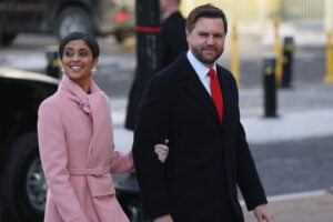 Usha Vance and Vice President-elect, U.S. Sen. J.D. Vance (R-OH) arrive for service at St. John's Church as part of Inauguration ceremonies on January 20, 2025 in Washington, DC.