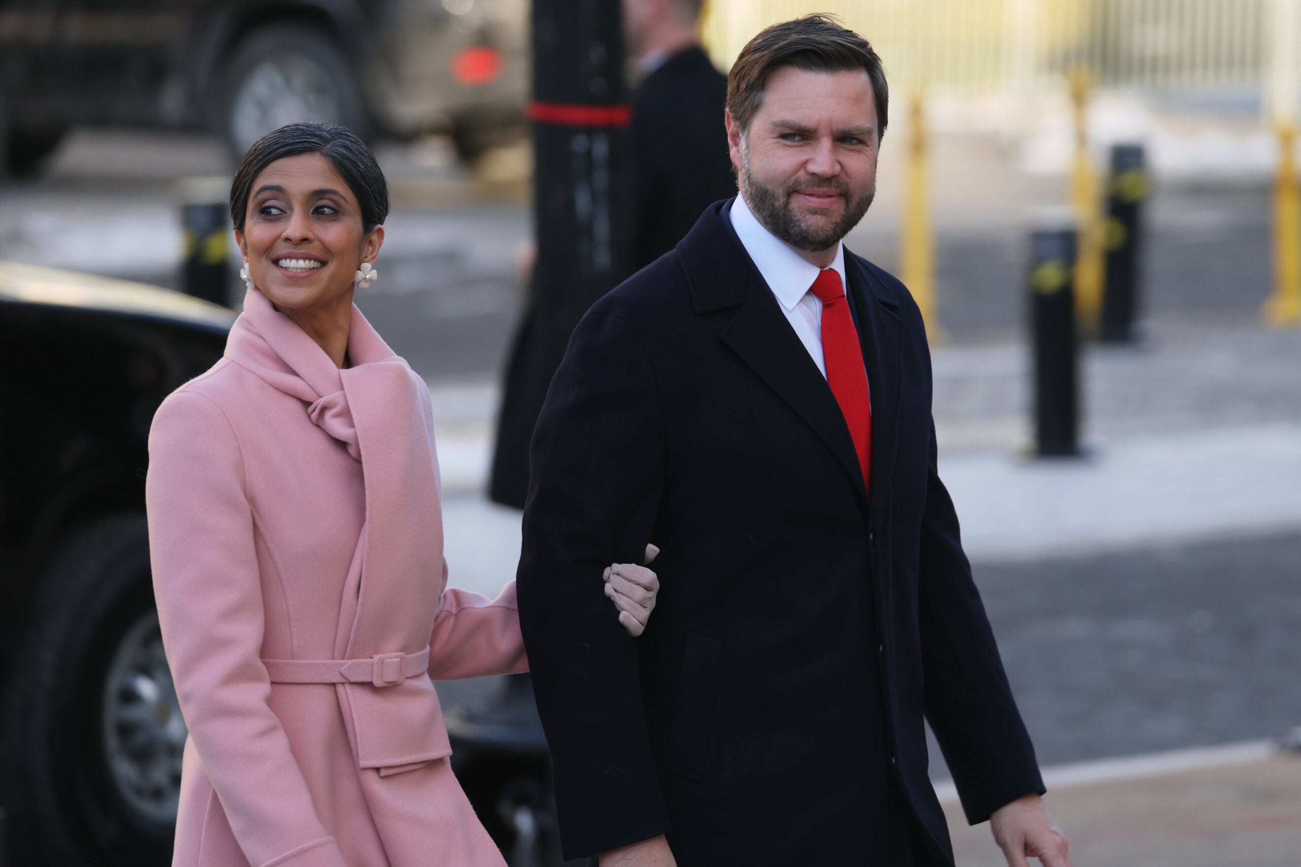 Usha Vance and Vice President-elect, U.S. Sen. J.D. Vance (R-OH) arrive for service at St. John's Church as part of Inauguration ceremonies on January 20, 2025 in Washington, DC.