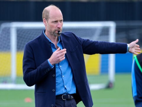 Prince William, Prince of Wales blows the referee's whistle during a mini football game on official visit to an FA Referee Training Course At Sporting Khalsa FC at Aspray Arena on March 11, 2025 in Willenhall, England.