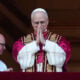 The newly elected Pontiff, Pope Leo XIV is seen for the first time from the Vatican balcony on May 8, 2025 in Vatican City, Vatican.