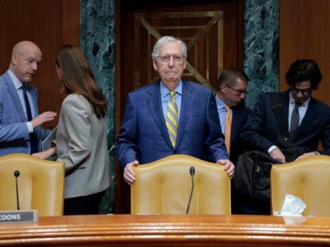 Subcommittee Chairman Sen. Mitch McConnell (R-KY) looks on before a hearing with the Senate Appropriations Committee in the Dirksen Senate Office Building on June 11, 2025 in Washington, DC.