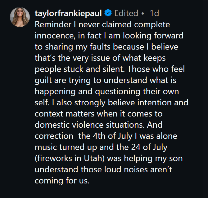 A dark mode Instagram caption screenshot from Taylor Frankie Paul.
