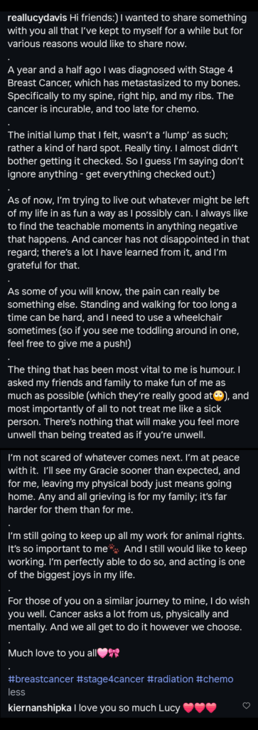 Lucy Davis discloses her cancer diagnosis in this Instagram caption.