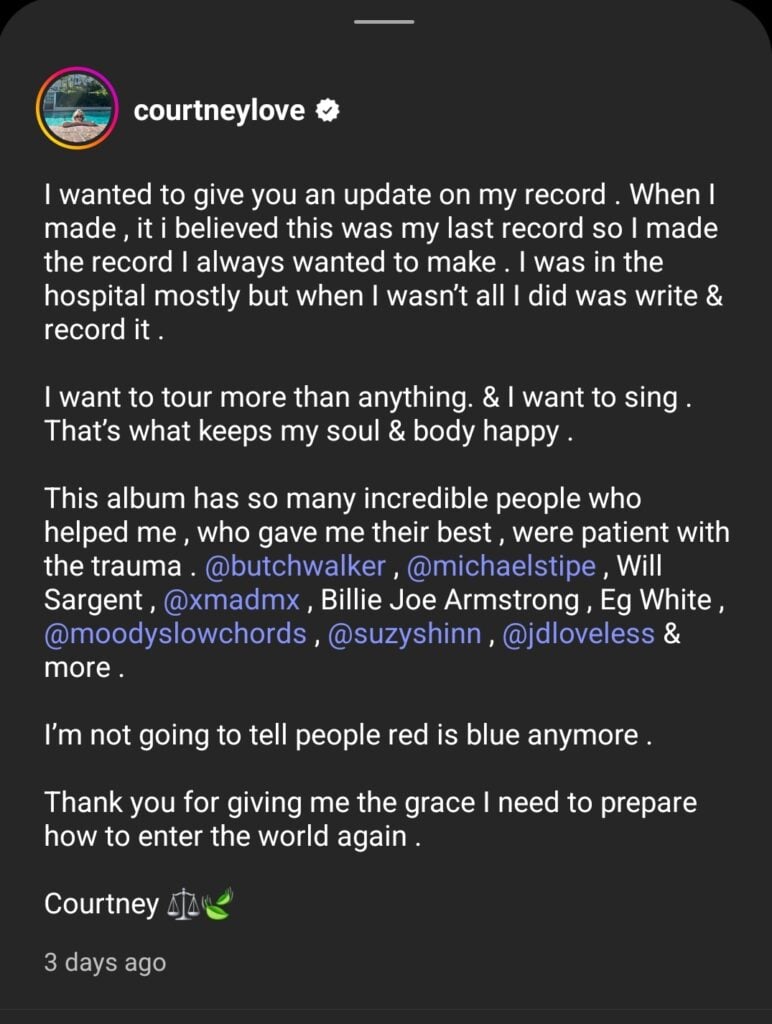 Courtney Love Instagram caption (dark mode).