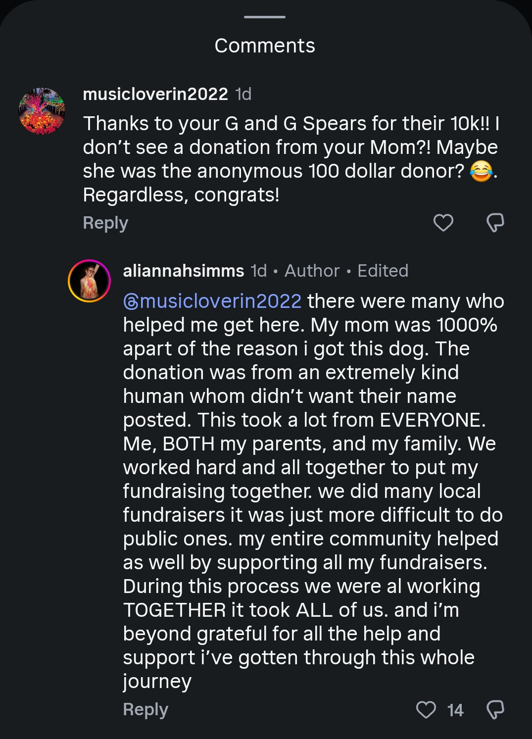 Ali Simms' dark mode Instagram reply.