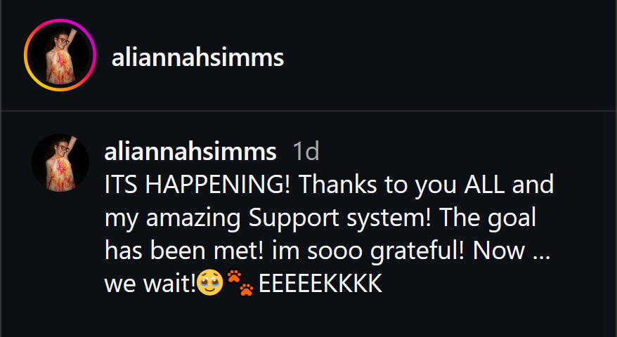 A dark mode screenshot of Ali Simms' Instagram caption.