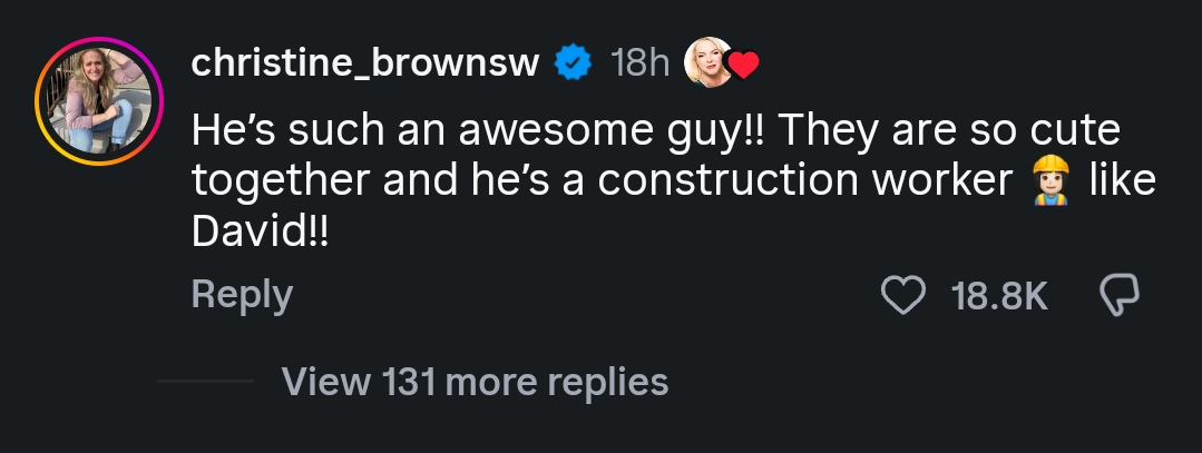 A dark mode Instagram screenshot of Christine Brown's August 2026 comment.