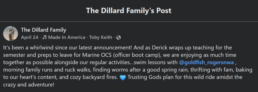 A dark mode Facebook screenshot of Derick Dillard from April 2026.