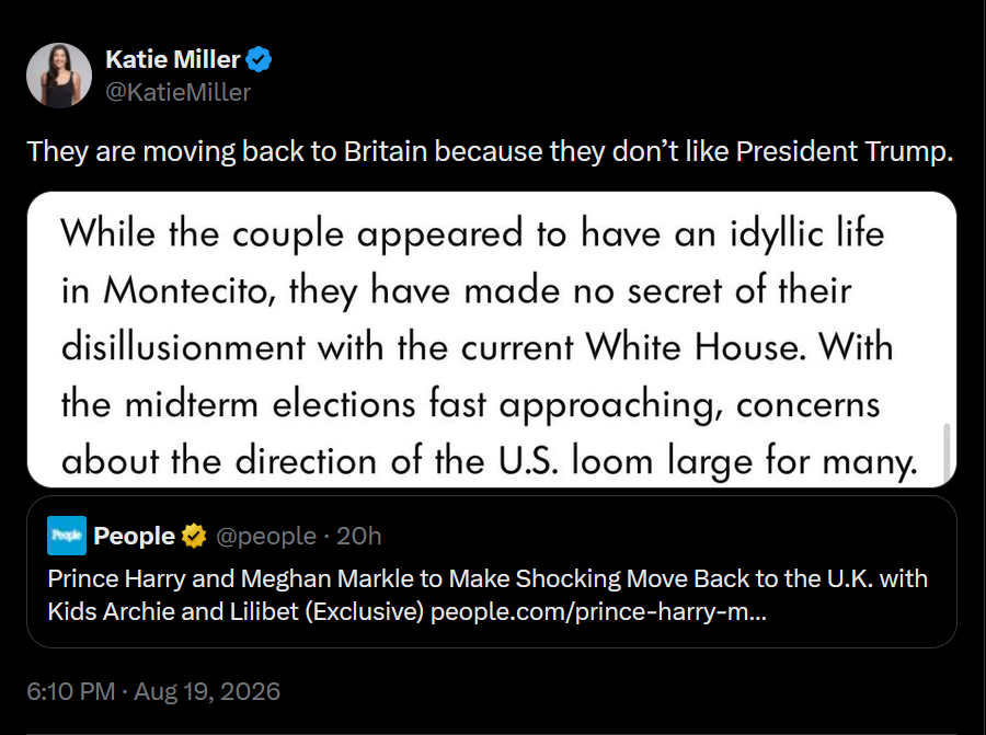 A dark mode screenshot of white nationalist Katie MIller quote-tweeting People Magazine.