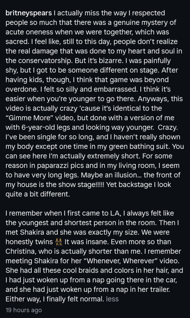 A dark mode screenshot of Britney Spears' Instagram caption.