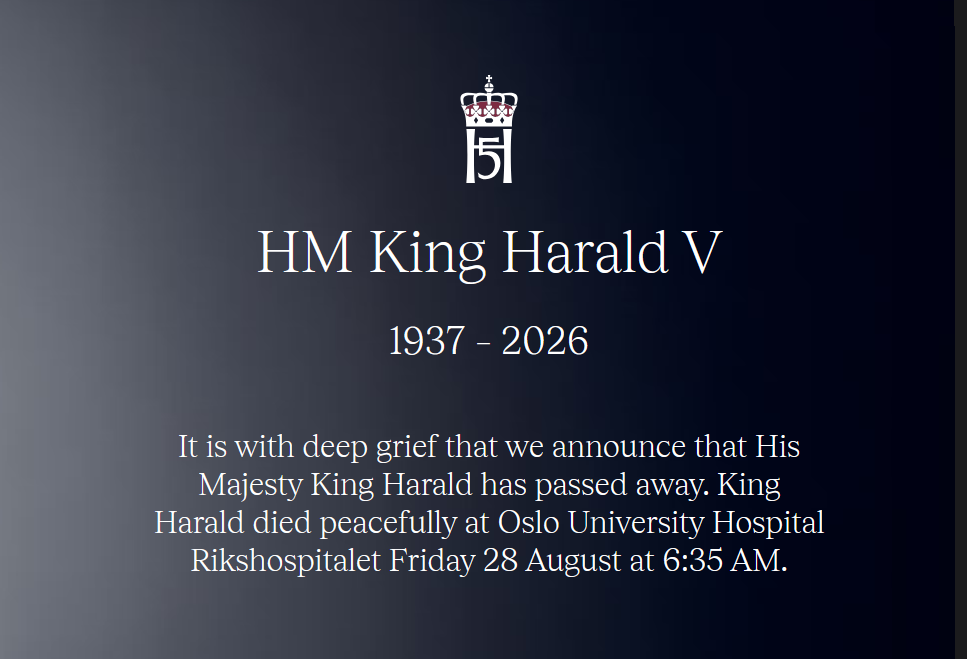 A graphic from the Royal House of Norway announcing Harald Haakon's passing.