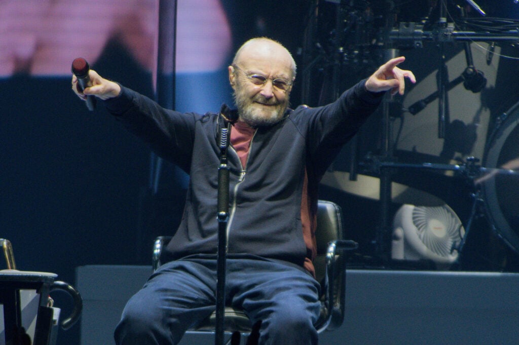 Phil Collins of Genesis performs on the opening night of their North American "The Last Domino?" tour at the United Center on November 15, 2021 in Chicago, Illinois.