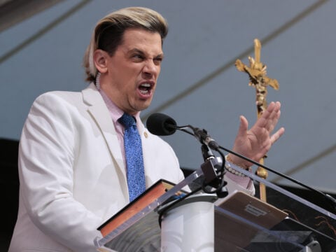 British far-right political pundit Milo Yiannopoulos hosts the ‘Bishops Enough Is Enough’ rally at the MECU Pavilion November 16, 2021 in Baltimore, Maryland.