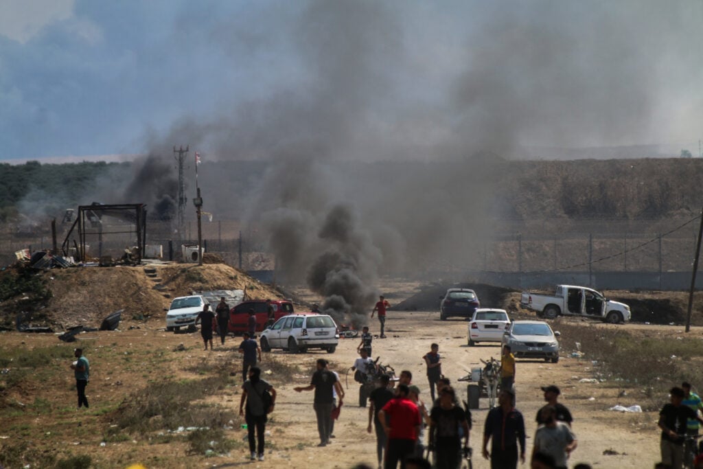 A bicycle was targeted and two young Palestinian militants were killed near the border fence between the Gaza Strip and Israel on October 7, 2023 in Gaza.